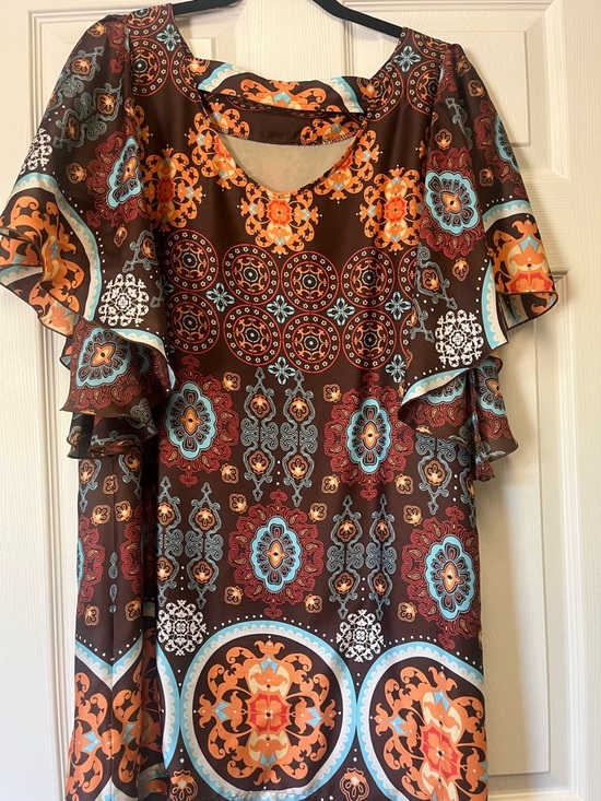 Uncle Frank Brown Mini Dress with Orange and Turquoise Medallions - Picture 2 of 3
